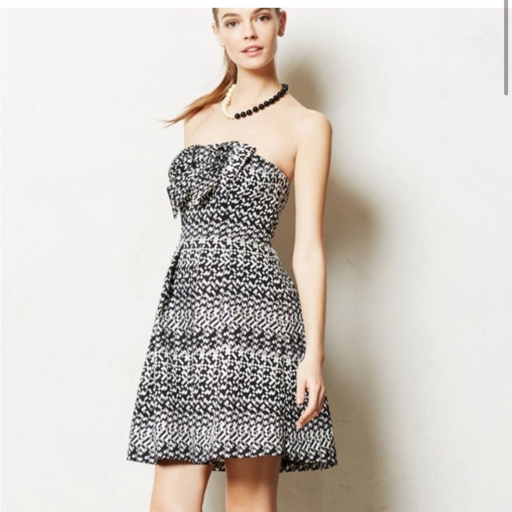 Anthropologie Black and White Patterned Dress with Bow